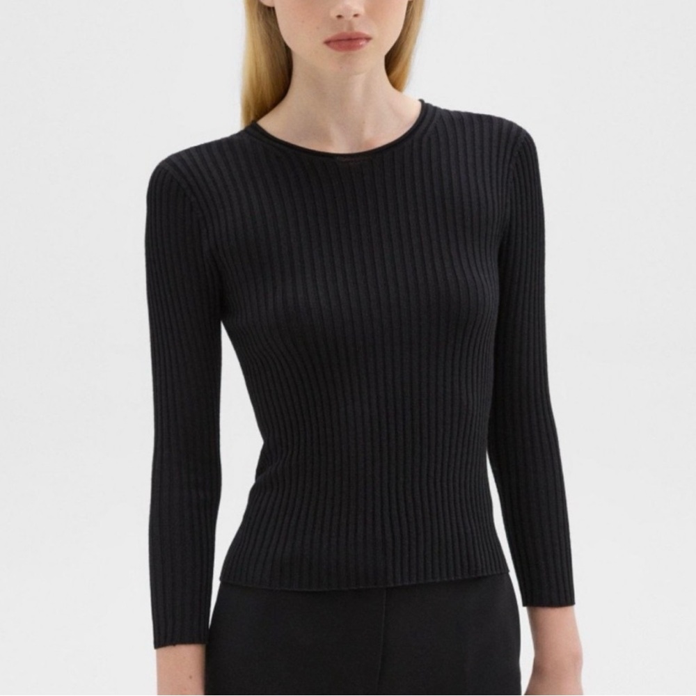Theory Black Ribbed Crew Neck Sweater 100% Merino Wool